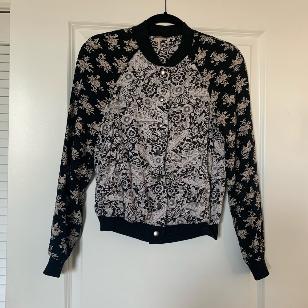 Free people black and gray floral bomber jacket XS